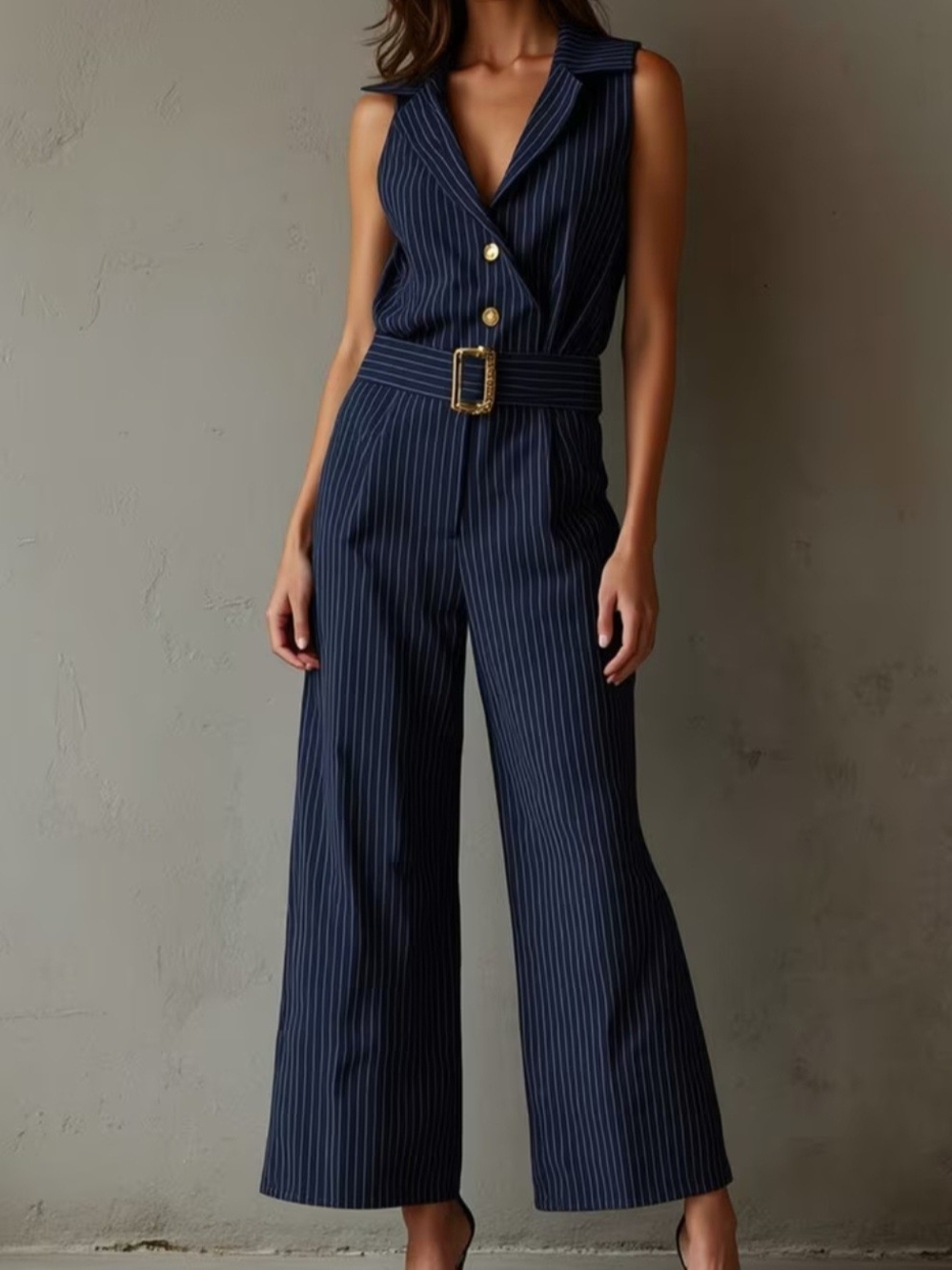Sleeveless Navy Pinstripe Belted Jumpsuit
